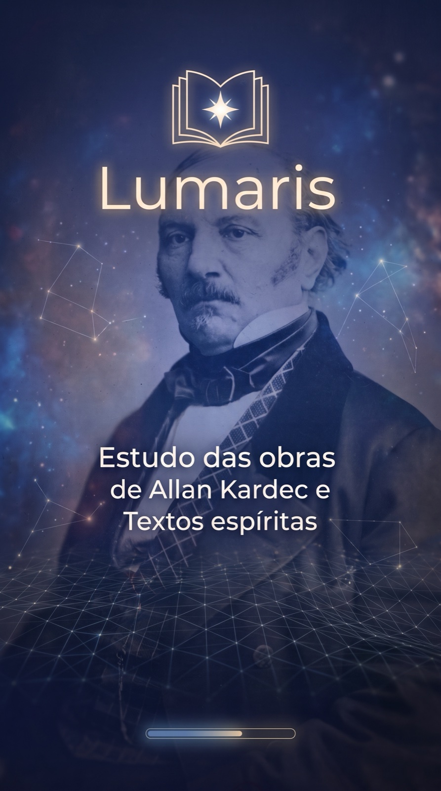 Tela de abertura do aplicativo Lumaris com retrato de Allan Kardec